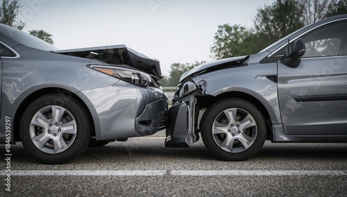 Rear-end collision between two silver cars on a highway showing significant bumper damage and smashed headlights after a traffic accident.