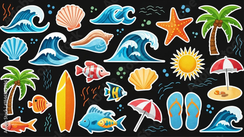 Modern Retro Halftone Ocean Beach Sticker Elements Set on Black Background