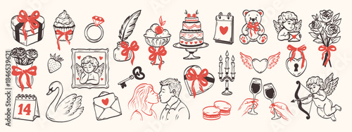 Hand drawn coquettish elements for Valentine's Day, wedding invitations, card. Cute girly bows,hearts, ribbons, champagne, strawberry. Vintage elegance doodle vector illustration.