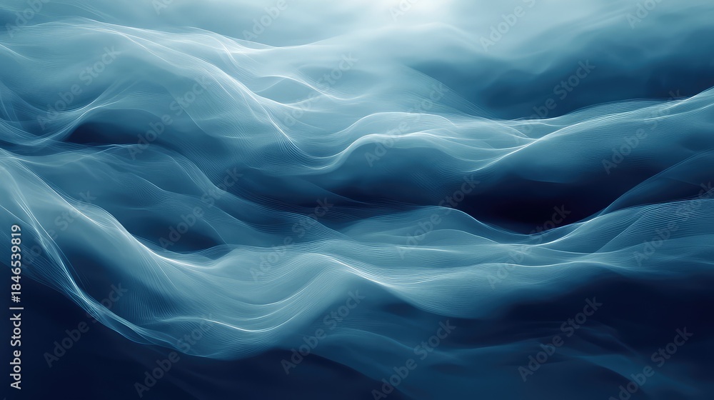 Fototapeta premium Glowing blue network of flowing lines forming a dynamic wave pattern, evoking data flow, futuristic technology, cyberspace connectivity and smooth digital energy landscape