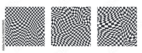  Distorted chess squares form trippy geometric illusion. Three wavy checkerboards with black and white grid create retro psychedelic background for funky 70s inspired designs.