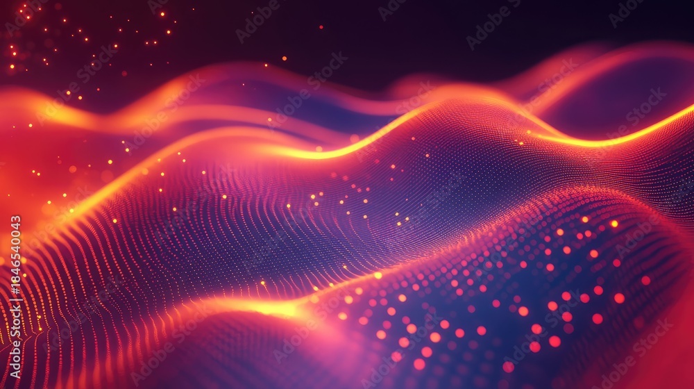 Fototapeta premium Digital wavy landscape presenting flowing network data particles creating a dynamic abstract technology background, illustrating concepts of connectivity, big data, and energetic movement