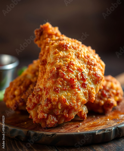 Crispy fried chicken drumsticks on rustic wooden board, close-up.