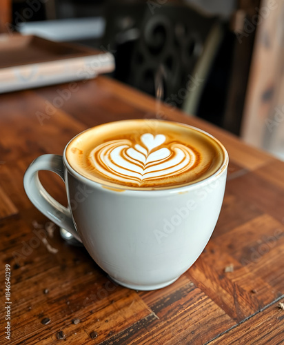 Latte coffee in white mug on rustic wooden table, close-up.