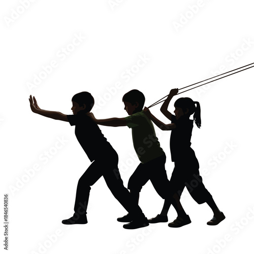 Silhouette of three children playing with a jump rope
