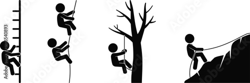 Black Silhouette Figures Climbing a Ladder Rope Tree and Rock on White Background ascent mountaineering