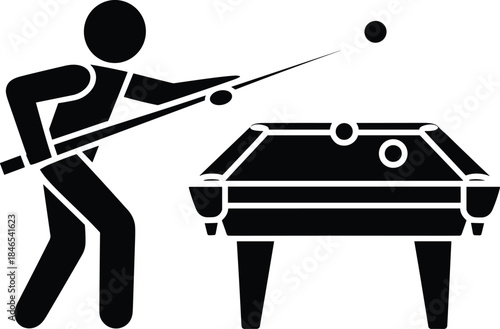 Black silhouette of a person playing pool with a cue stick and billiard table billiards snooker