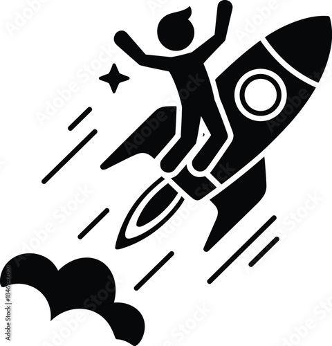 Black silhouette of a person riding a rocket ship into space with a star spaceship launch