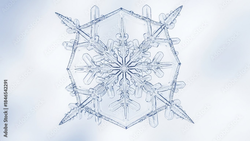 Obraz premium Stunning macro view reveals the perfect geometric symmetry of a brilliant, intricate ice crystal snowflake