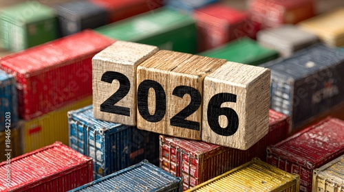 Wood blocks spell out the year 2026 displayed atop colorful miniature cargo containers signifying future trade and shipping trends globally.