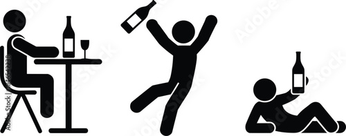 Black stick figure icons showing people interacting with alcohol bottles drinking party