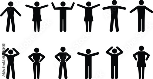 Collection of Stick Figure Poses with Arms Raised and Hands on Hips on White Background silhouette person
