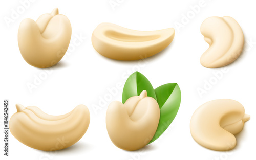 Cashew nuts whole and half isolated on white background. Natural organic nutrition vegetarian food. Healthy cooking ingredient. healthy treat, a source of protein. Realistic 3d Vector illustration