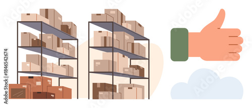 Stacks of boxes on metal racks symbolizing organized warehouse storage, accompanied by a thumbs-up icon and cloud for efficiency, order, approval, logistics, teamwork, management, and productivity