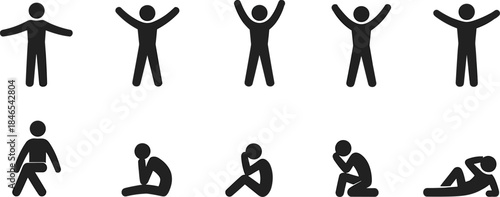 Collection of ten black silhouette icons of people in various poses and moods action activity
