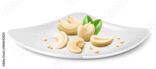 Cashew on a white porcelain plate. Whole and half cashew isolated on white background. Peeled nuts. Cashew kernels are ripe and tasty, a source of protein. 3d vector illustration.