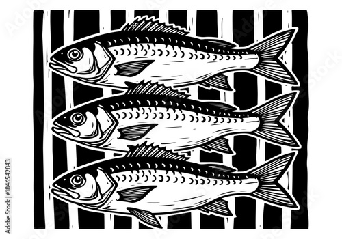 Three stylized mackerel fish are depicted in a woodcut illustration against a background of black and white vertical stripes.