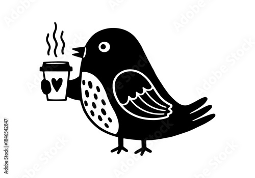 A cute black bird holding a coffee cup with steam rising from it.