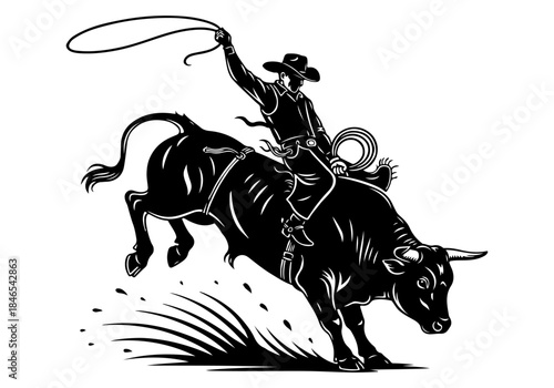 A black and white illustration of a cowboy riding a bucking bull with a lasso in the air.