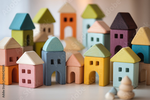 Wallpaper Mural Colorful wooden building blocks shaped like houses with textured surfaces and viintimate apparelnt painted finishes, arranged in a playful miniature village scene Torontodigital.ca