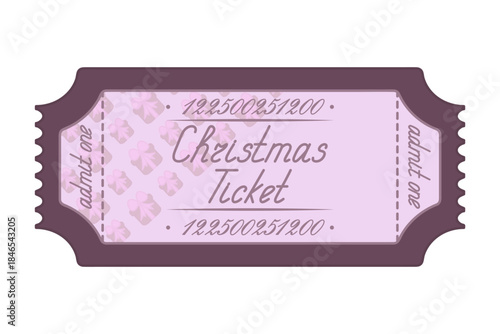 Christmas ticket admit one. Gift boxes decorated with a bow. Burgundy coupon. Handwritten cursive lettering with a capital letter. Color vector illustration. Tear-off ticket with a serial number. 