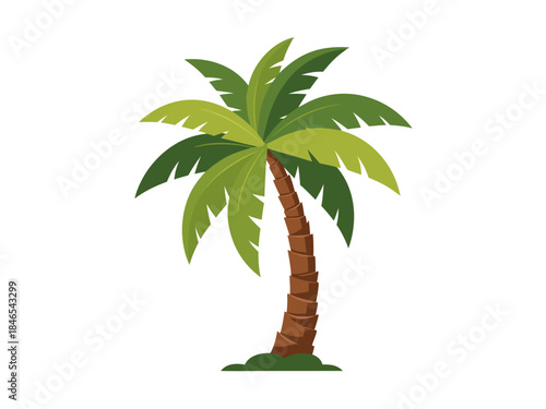 A stylized illustration of a vibrant green palm tree with a textured brown trunk, set against a white background.