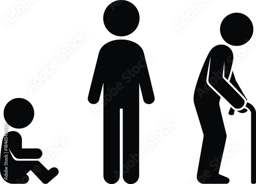 Human life cycle stages from baby to elderly person with cane icon child