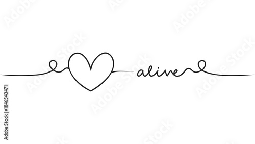 Minimalist continuous line forming a heart with the word alive in a flowing script