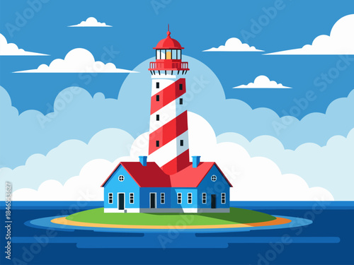 A picturesque lighthouse with red and white stripes stands tall on a small island surrounded by the vast blue ocean under a cloudy sky.