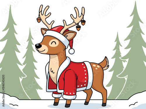 A cute cartoon reindeer dressed in a Santa Claus costume, standing in a snowy forest during winter.