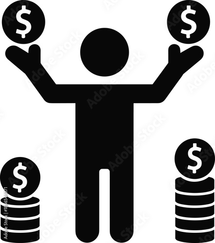 Person Holding Dollar Coins and Stacks of Money Icons on White Background finance currency