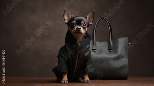 Luxury chihuahua with leather bag in minimalist fashion style, luxury chihuahua wearing elegant leather accessories, luxury chihuahua fashion pet editorial concept,luxury chihuahua, pet fashion, leath