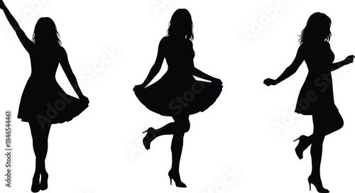 Fashion silhouette of stylish woman in dress and heels, elegant poses, expressive movement, black vector art, isolated on white background, minimal design