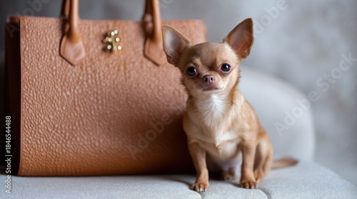Luxury chihuahua with leather bag in minimalist fashion style, luxury chihuahua wearing elegant leather accessories, luxury chihuahua fashion pet editorial concept,luxury chihuahua, pet fashion, leath