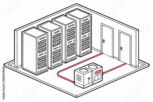  Isometric Server Racks in Data Center Room, IT Infrastructure Vector Illustration 
