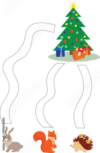 christmas tree, squirrel, rabbit, squirrel and gift box on white background
