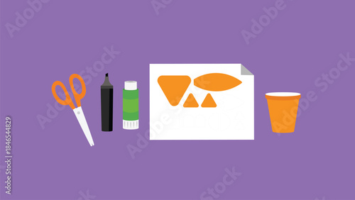 Illustration of a set of stationery objects on a purple background