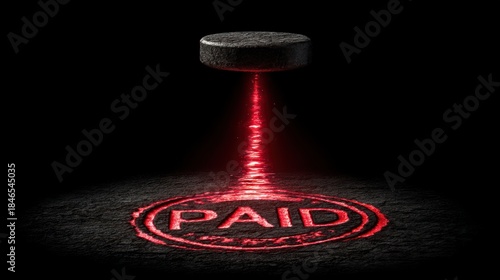 Red Stamp with PAID inscription glowing on dark background.