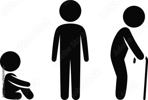Silhouettes of a child, adult, and elderly person on white background baby woman