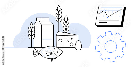 Milk carton, cheese, fish, wheat, and egg symbolize food, paired with a chart and gear for technology and data analysis. Ideal for agriculture, food industry, sustainability supply chain
