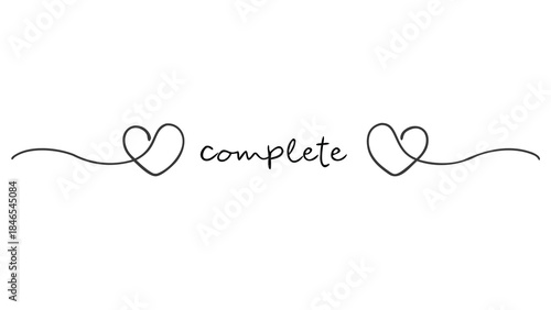 Continuous stroke drawing of two overlapping hearts with the word complete in a flowing script