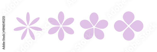 Minimal pastel lilac flower shapes with 8, 6, 5, and 4 petals, soft floral decorative elements perfect for modern design, branding, backgrounds, and spring themes