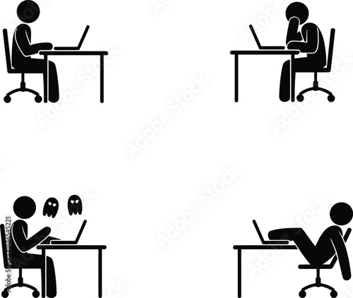 Stick figure icons showing different office work scenarios and emotions on white background Keywords: stick figure, icon, office