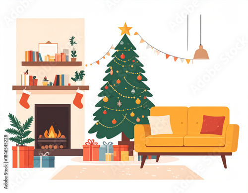A cozy living room decorated for Christmas with a fireplace, a festive tree, and a comfortable yellow sofa, creating a warm holiday atmosphere.