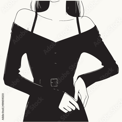 line flat fashion illustration girl in black long-sleeved with open shoulders