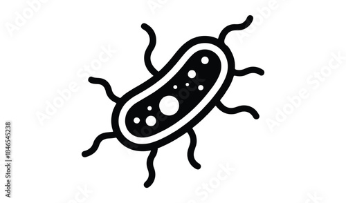 Stylized black silhouette of a bacterium, showing its rod shape and flagella for microbiology and science concepts.