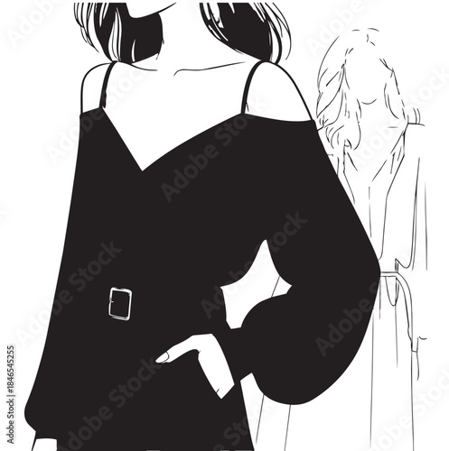 line flat fashion illustration girl in black long-sleeved with open shoulders