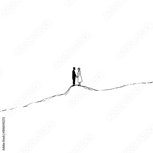 Two figures standing on a precipice over a growing divide black and white drawing simple illustration