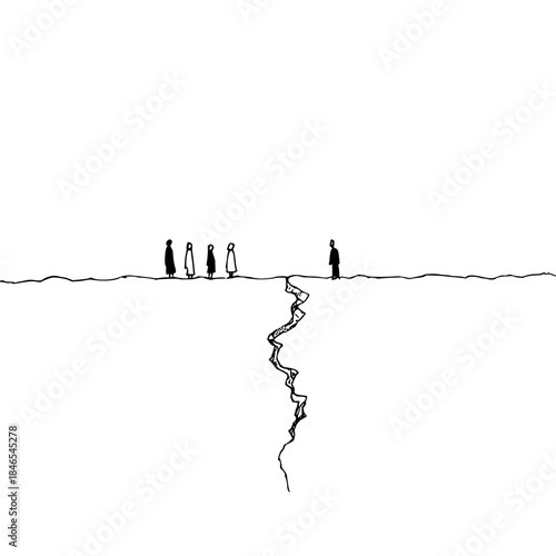 Man silhouette standing at the edge of a crack drawing illustration concept of challenge and decision making art 100