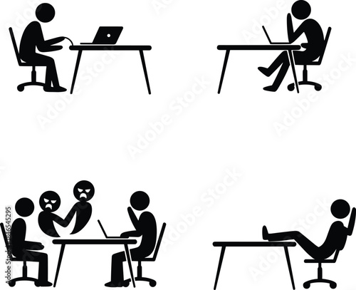 Stick Figures Working At Desks And Arguing In Office Setting Keywords: office, work, business, desk, computer, laptop, chair